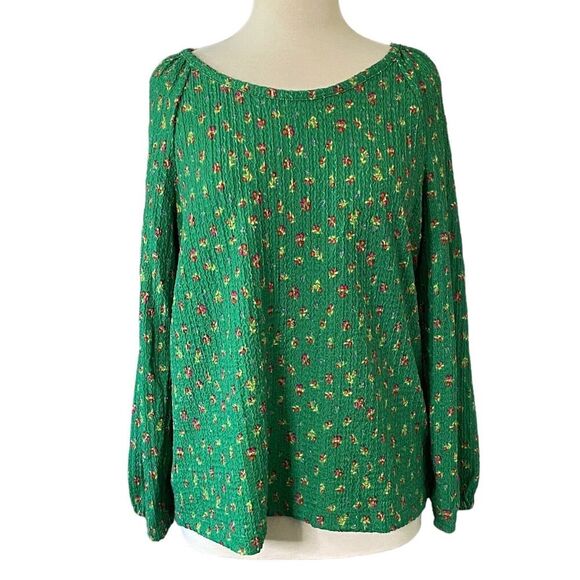 LOFT Textured Knit Top Womens Large Draped Long Sleeve Floral Green Multicolor - Picture 1 of 10